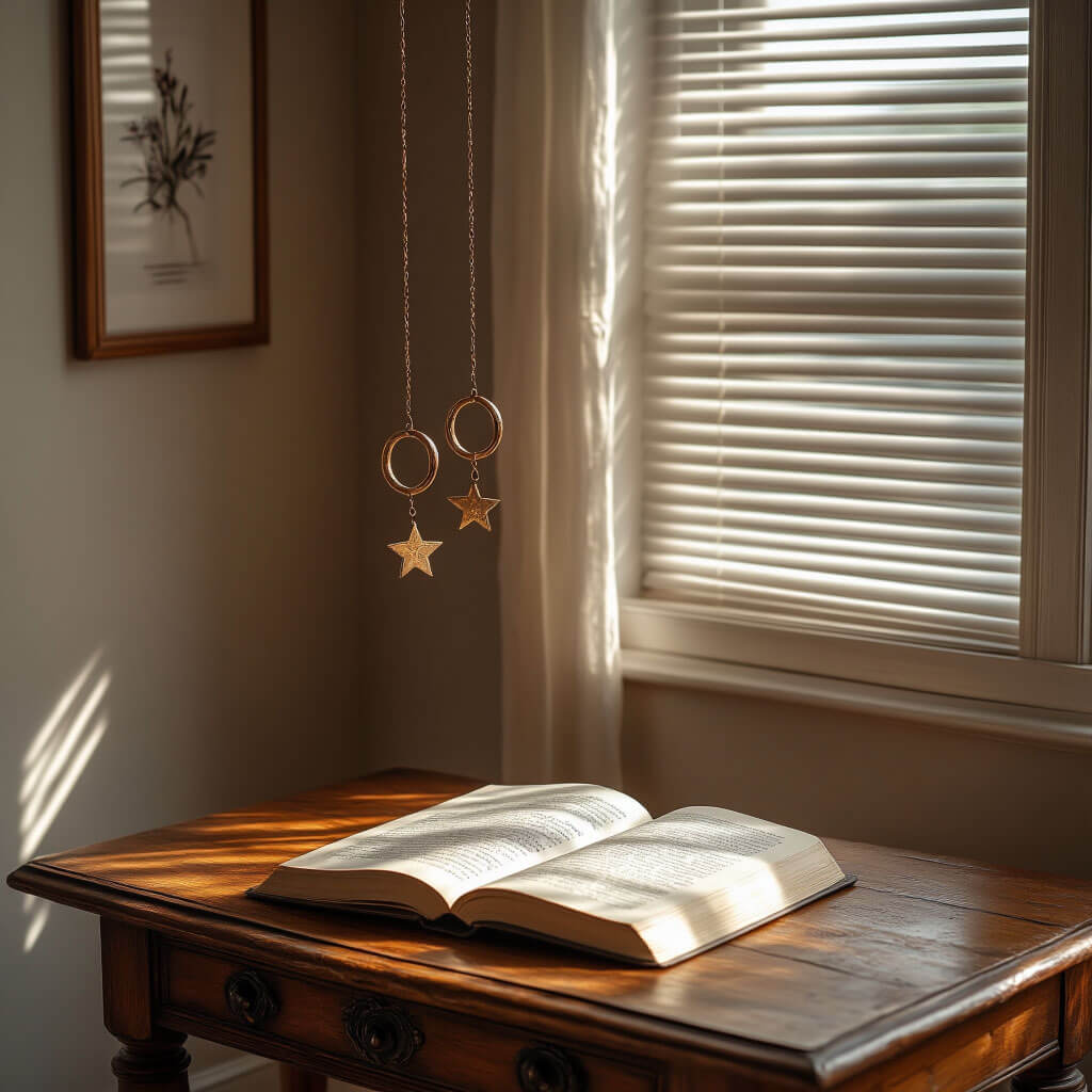 Stůl s knihou a kroužky ve světle